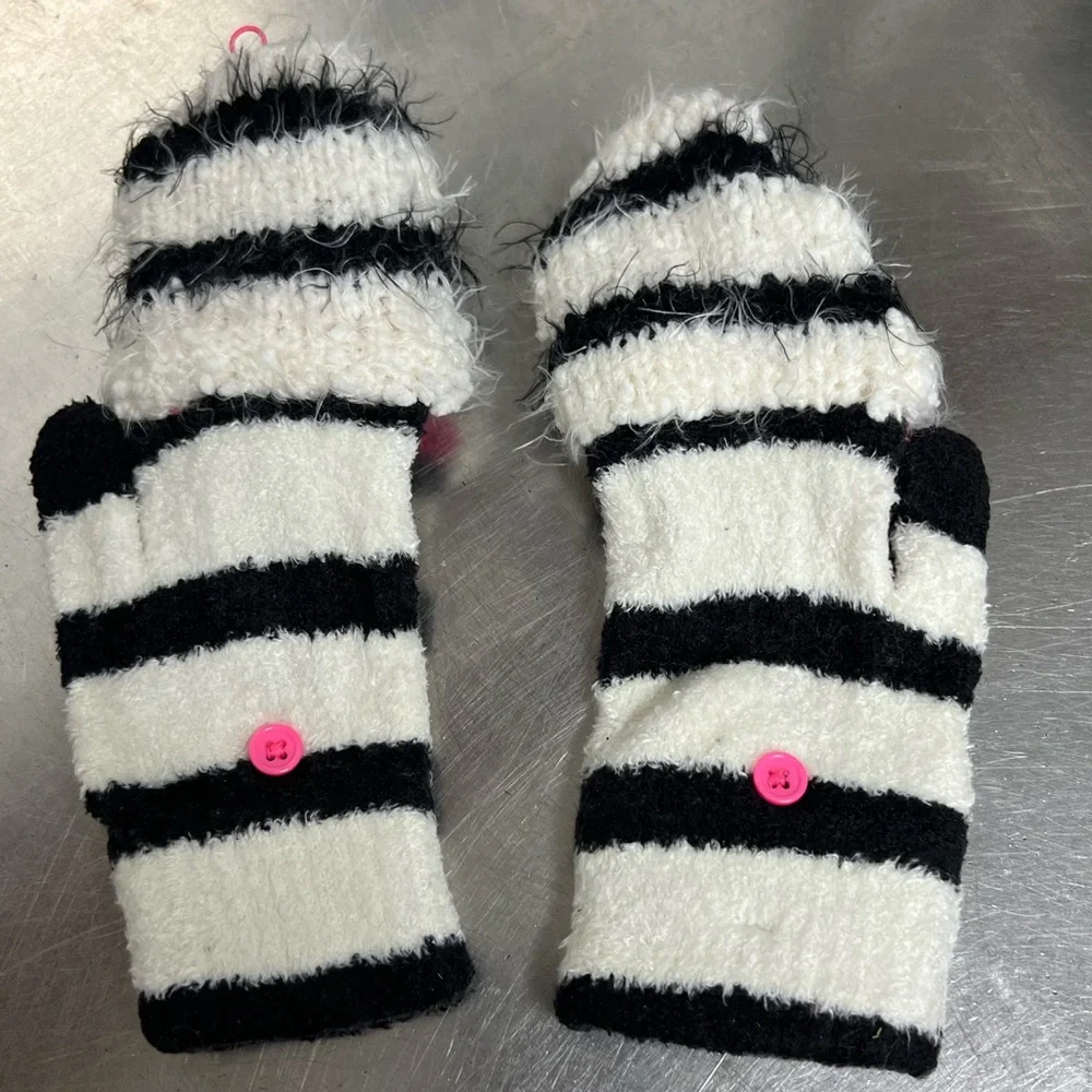 Lot of 2 Justice Orange Scarf & Black White Striped Emoji Mittens One Size VGUC